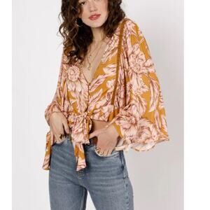 BAND OF THE FREE‎ LIBBY GOLD FLORAL BELL SLEEVE CROP TOP XS-NEW